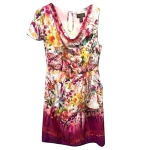 Trulli Dress Multicolor Floral Print Keyhole‎ Pockets Lined One Short Sleeve 8